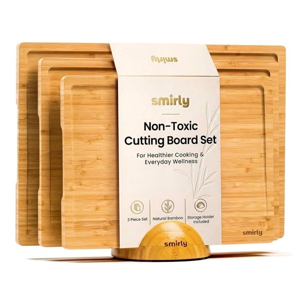 Smirly Non-Toxic Cutting Board Set 3 Piece Bamboo Juice Groove Stand Holder